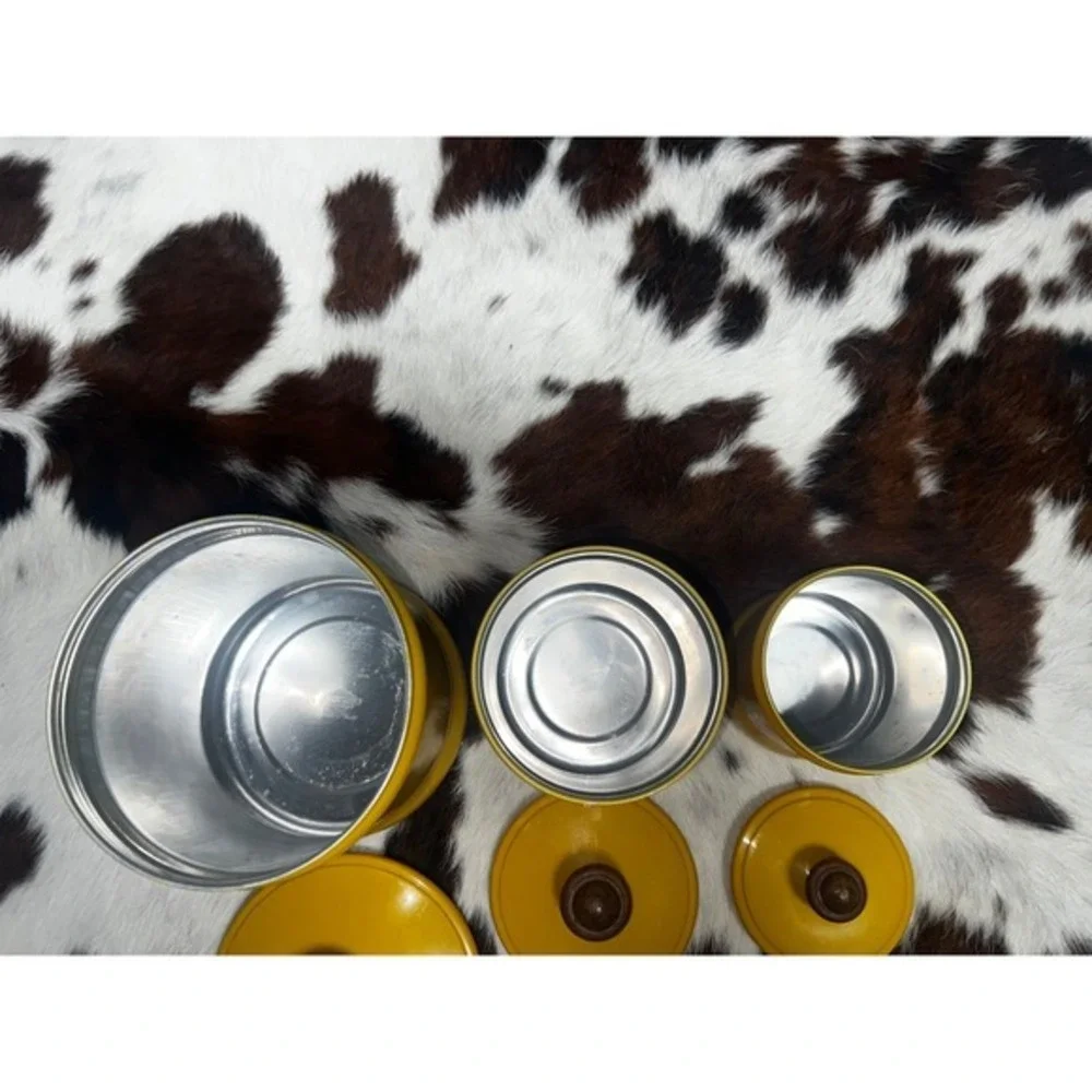 West Bend Vintage 70s Harvest Yellow Floral Aluminum Canister Set 3pc Wood Knobs